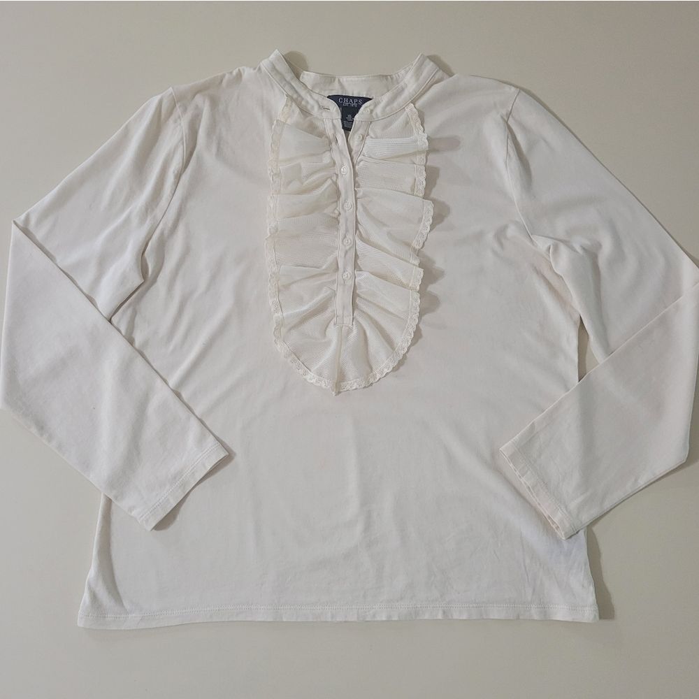 Chaps Women's Ivory Henley with Lace Bib Long Sleeve Top